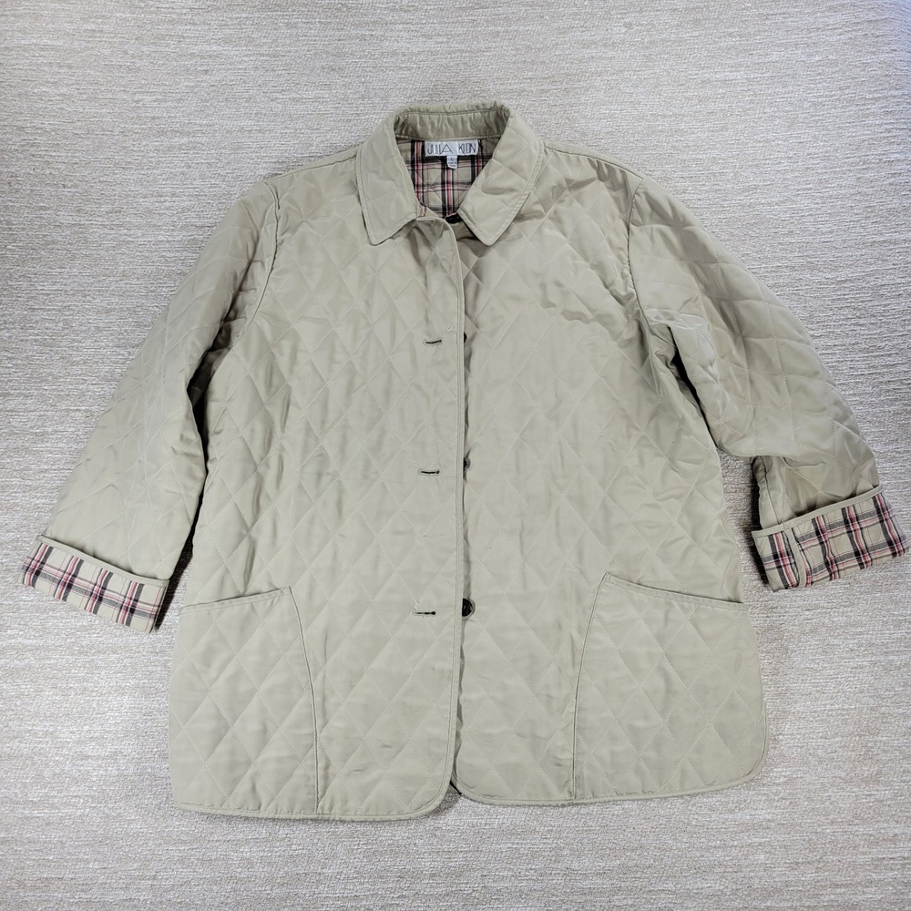 Julia Klein Quilted Jacket Large Beige Plaid Lined Preppy Equestrian Barn Coat